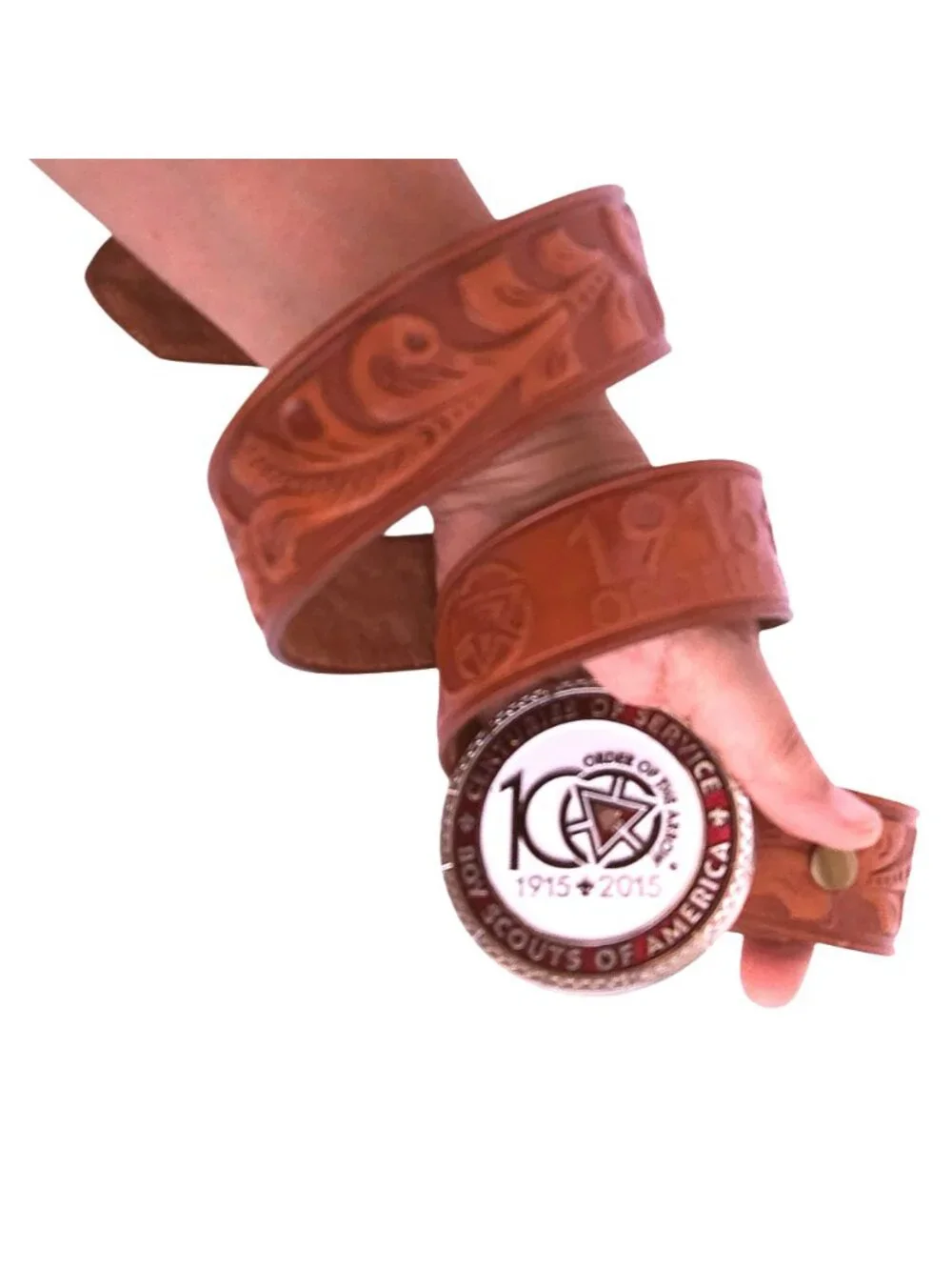 Boy Scouts Centennial Hand Tooled Leather Belt Bison Designs Symbol Buckle 2015
